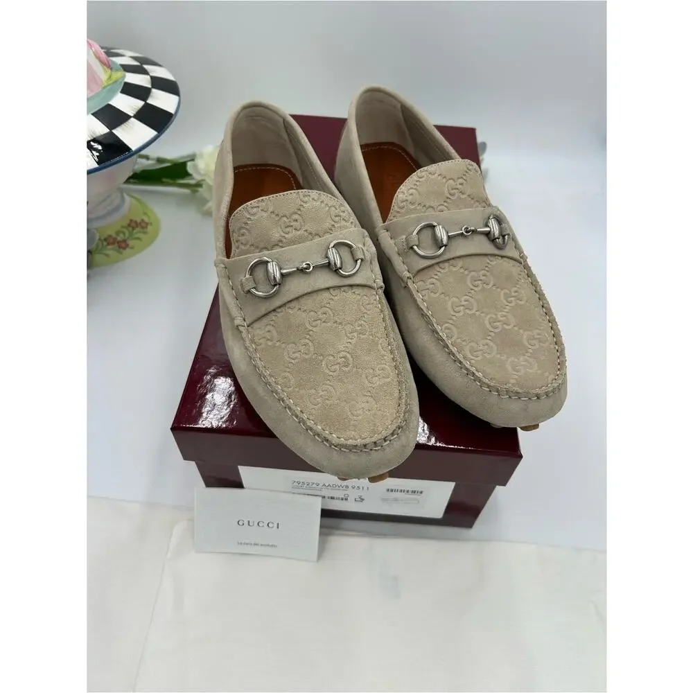 Men's Gucci suede oatmeal horse bit driver loafers size 9 fits 9.5US